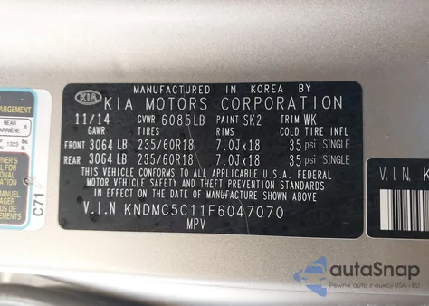 2015 Kia Sedona Ex z USA, uszkodzony, nr VIN KNDMC5C11F6047070